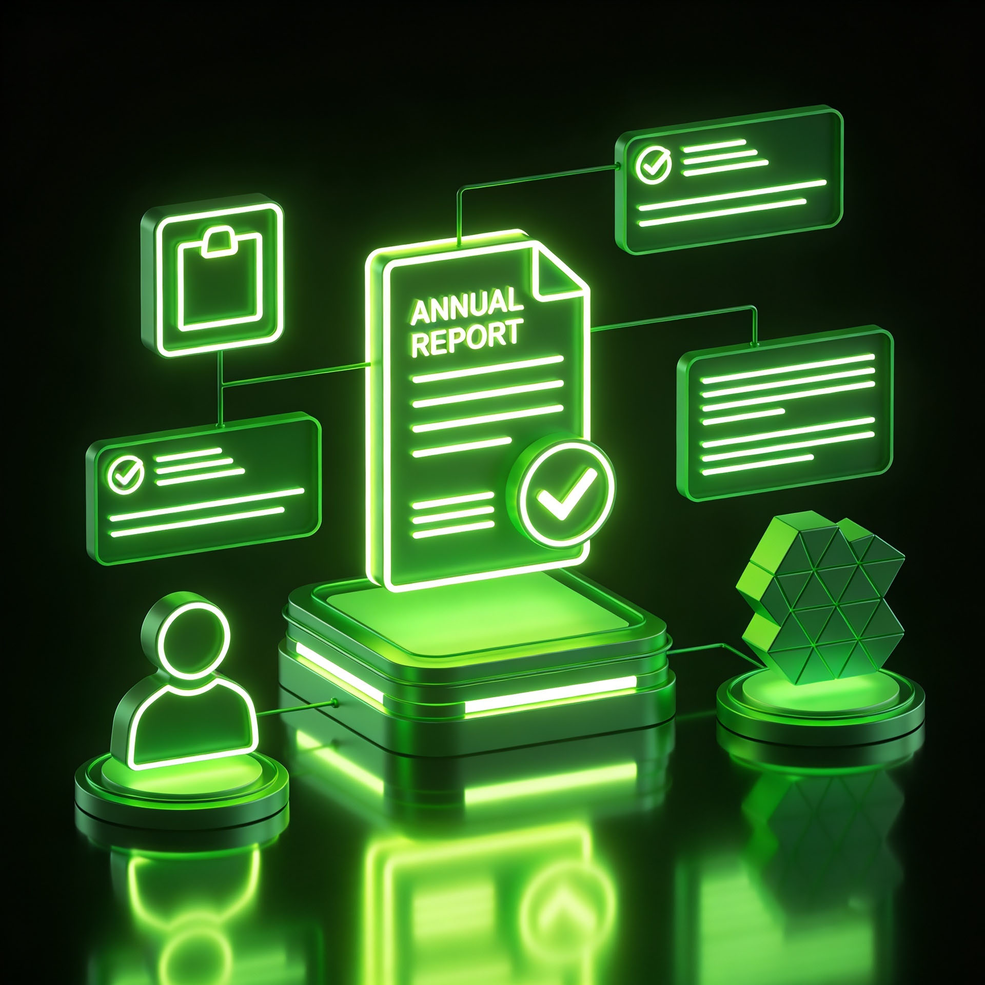 A 3d Hologram of an annual report connected to checkmarks and a simplified icon of a person