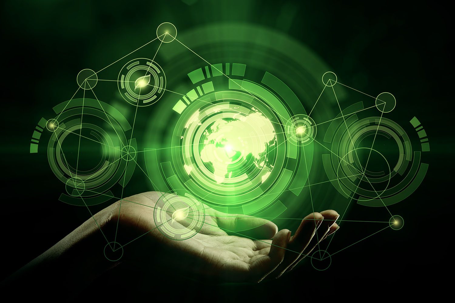 Hand holding abstract digital buttons with leaf icons and map. Eco concept. Double exposure