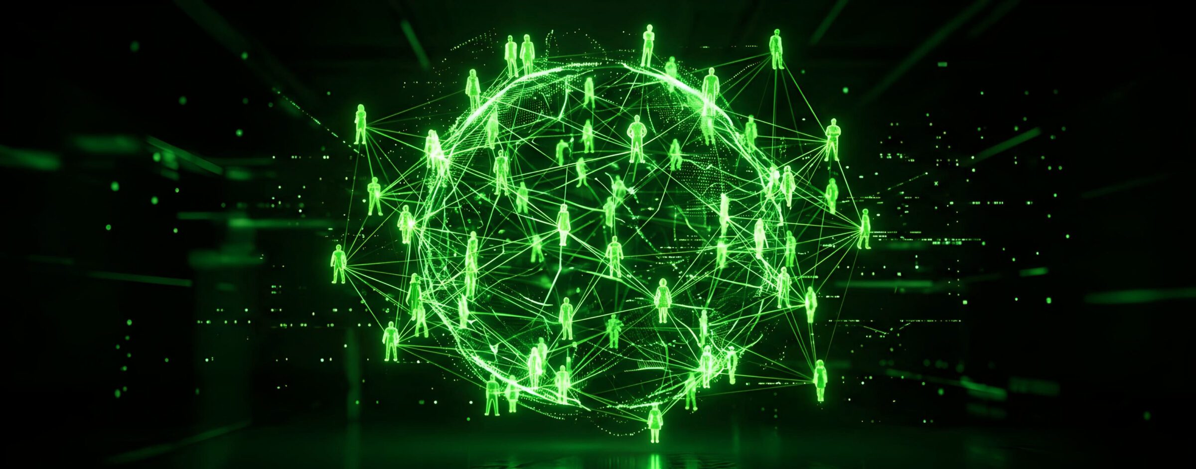 A green hologram of an orb surrounded by people who are connected via glowing, green lines